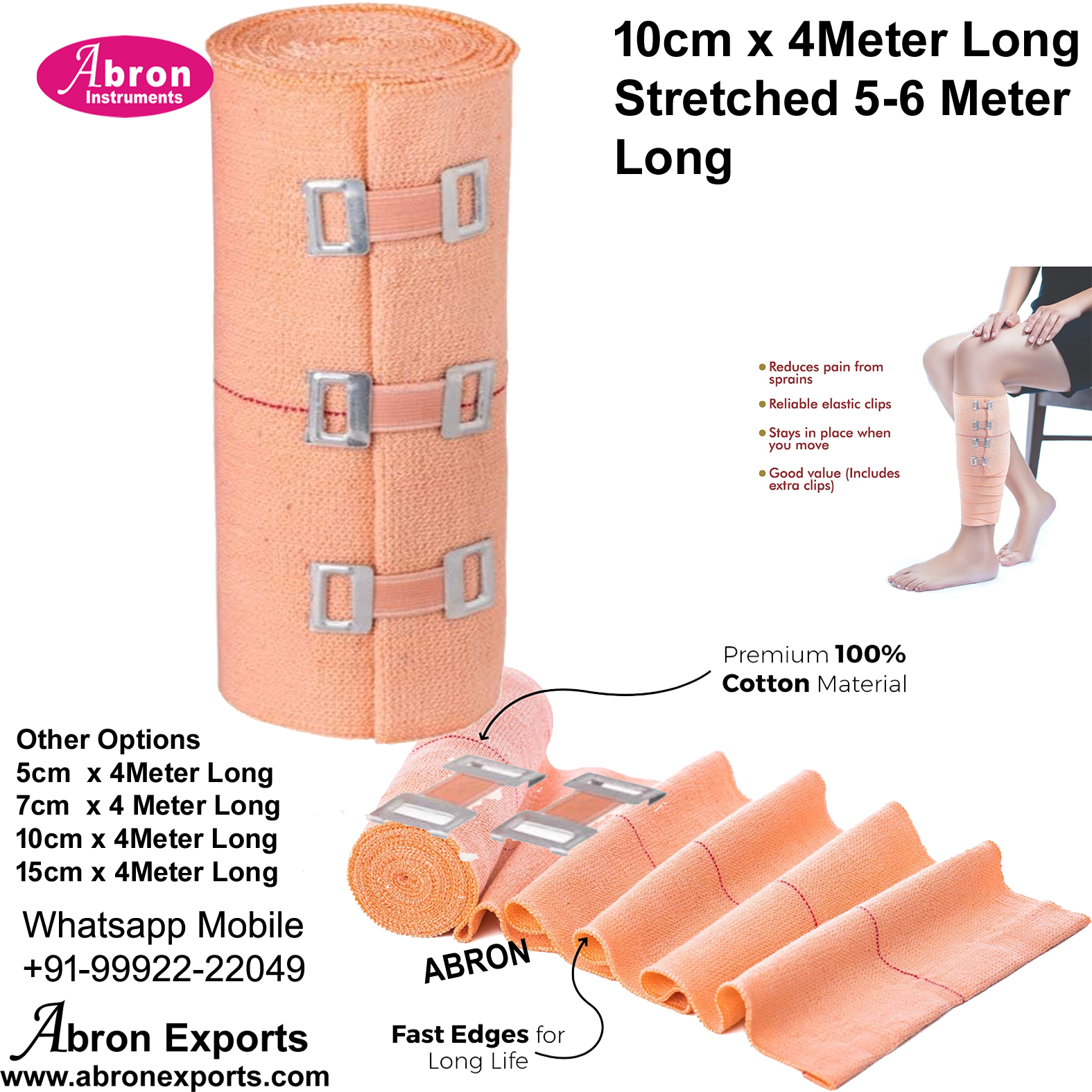 Rehabilatation Aid Elastic Crepe Bandage Roll 10cm x4Mt Stretches 6 Meter With Clips Cotton Breat10pc Abron AB-1614C10A 